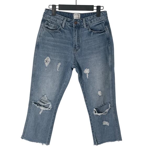 Twelve by Ontwelfth Crop Distressed Straight Leg Raw Hem Jeans Medium Wash Sz 26 - Picture 1 of 8